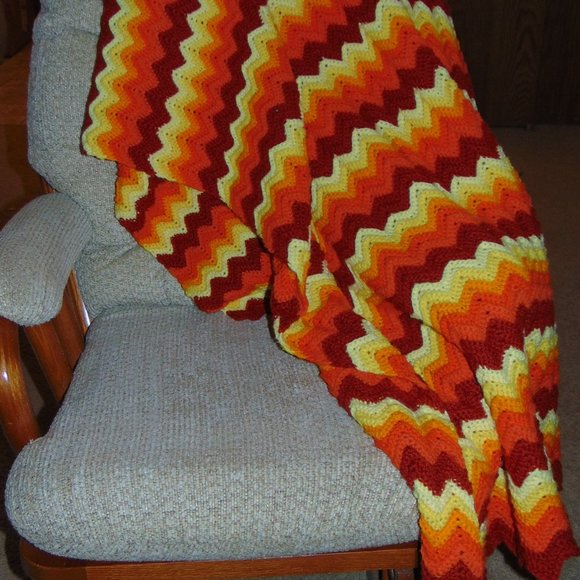 Vintage Crocheted Afghan, Ripple Chevron, Yellow/Orange/Rust, 45 x 84 - Picture 6 of 11